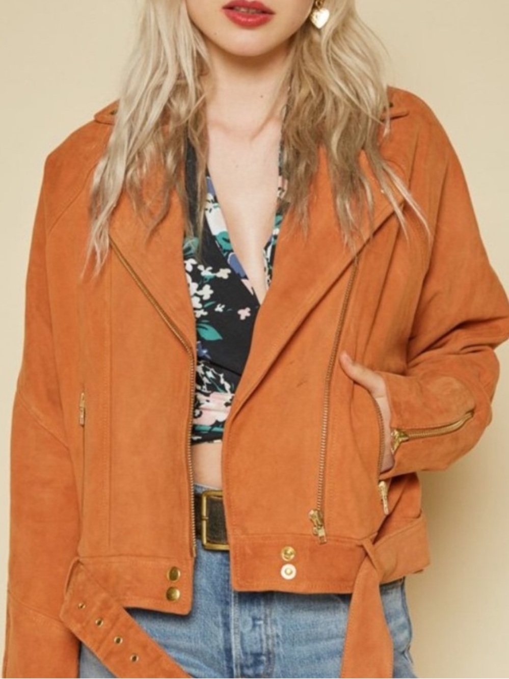 Free people drapey Suede Moto Jacket - Rust Orange size XS
